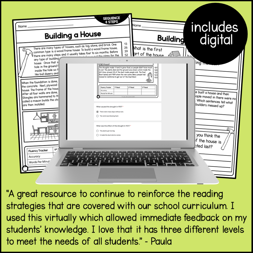 Building a House reading comprehension passages for 2nd grade, focusing on sequencing and nonfiction skills, includes digital resources for engaging student learning.
