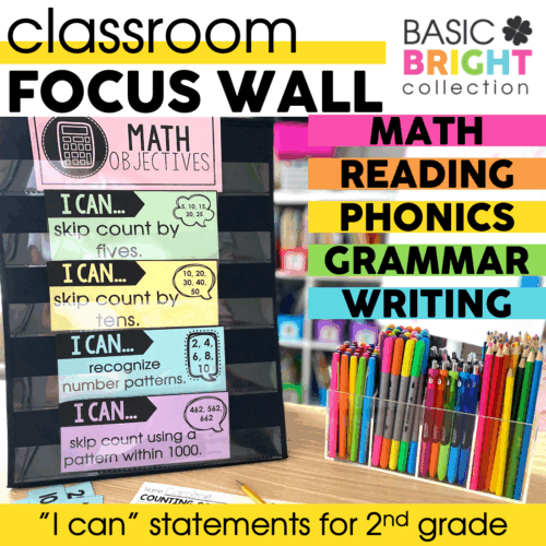 Engaging 2nd grade focus wall with "I Can" statements for math objectives, including skip counting, recognizing patterns, and mastering number concepts, designed to support Common Core standards in t.