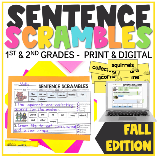 A colorful educational image showcasing fall sentence scrambles activity for 1st and 2nd grade students, featuring printable and digital options, with illustrations of squirrels and acorns.
