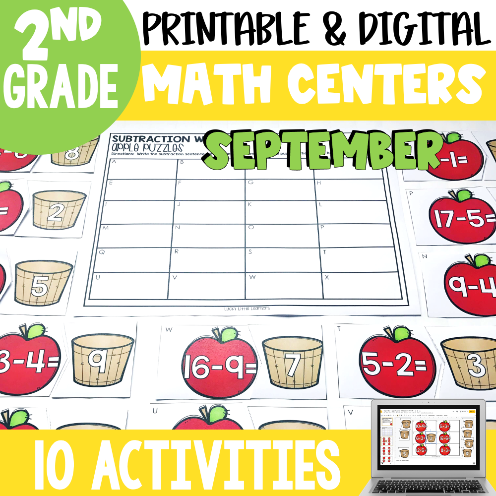 A colorful educational worksheet for 2nd grade math centers featuring September-themed subtraction and addition activities, perfect for printable and digital use.