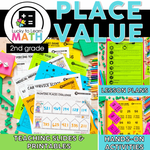 Place value to 1000 math unit lesson plans, teaching slides, and printable activities for 2nd grade students from Lucky Little Learners.