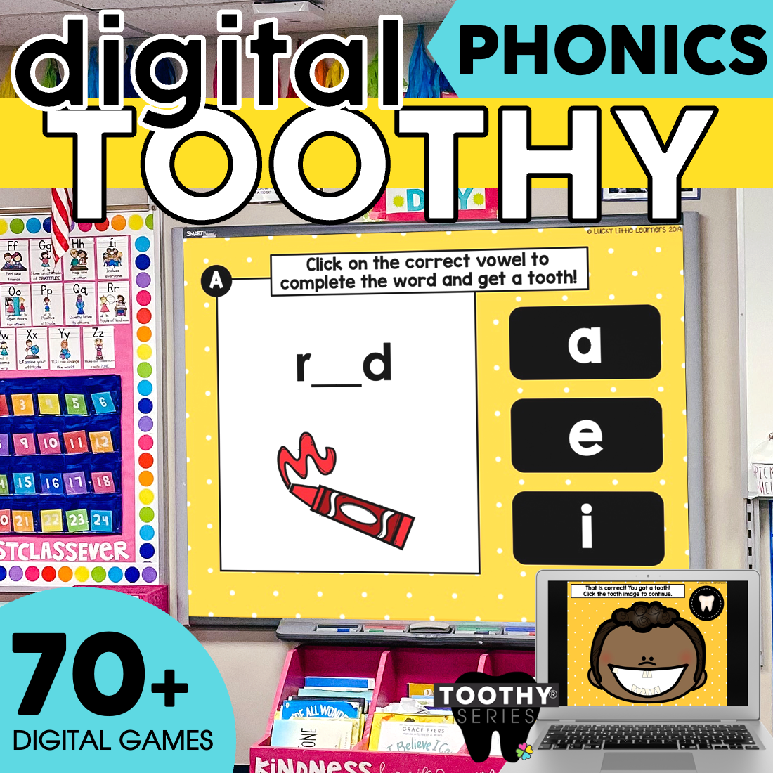 Engaging digital Toothy Phonics task cards for 1st and 2nd grade students to practice vowel sounds and phonics skills with interactive, educational activities for early literacy development.