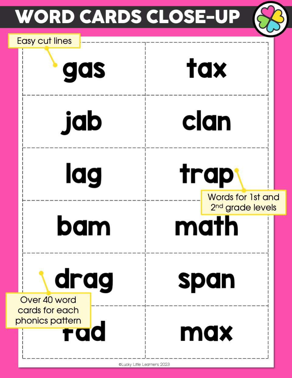 Gas, tax, jab, clan, lag, trap, bam, math, drag, span, fad, max; Word and Picture Cards for phonics and vocabulary learning, featuring easy cut lines and over 40 word cards for 1st and 2nd grade stud.