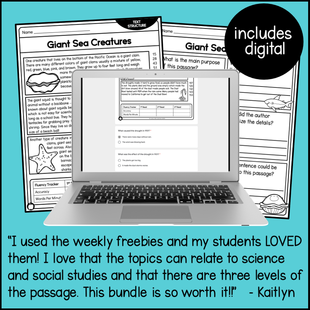 Giant Sea Creatures reading comprehension passages for 2nd grade, focusing on nonfiction text structures, with digital access included for engaging science and social studies lessons.