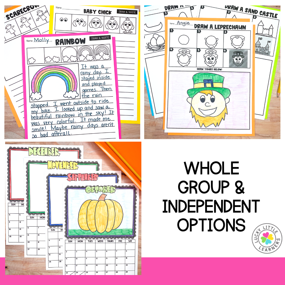 A colorful collection of directed drawings and seasonal activity pages from Lucky Little Learners' Holidays & Seasons Pack, designed for engaging classroom activities and student creativity.