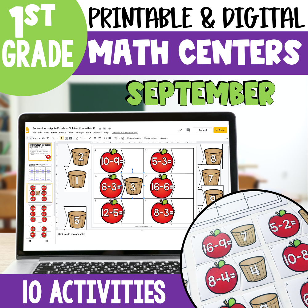 A colorful educational image showcasing September math centers and activities for 1st grade, featuring digital and printable resources, including subtraction puzzles and math games.