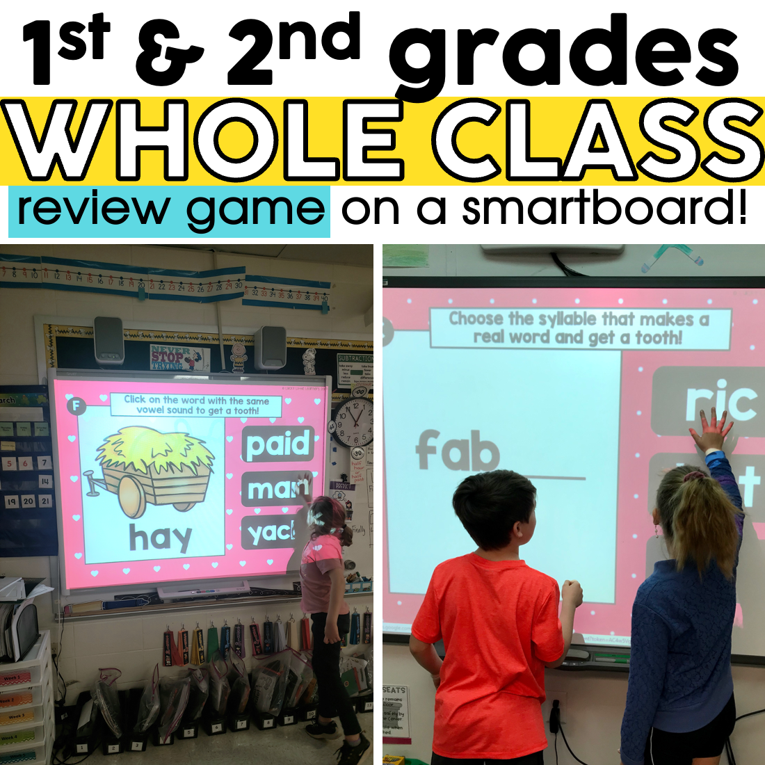 Digital phonics task cards for 1st and 2nd grade, interactive review game on a smartboard, children practicing syllable and phonics skills, educational classroom activity, Lucky Little Learners.