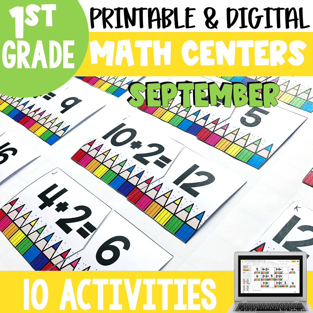 A colorful image of printable and digital math activity cards for 1st grade, featuring September-themed math centers and activities, perfect for October math practice for 2nd graders.