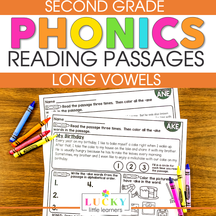 Second grade phonics reading passages focused on long vowels, decodable texts, and comprehension activities with colorful worksheets and writing exercises for early learners.