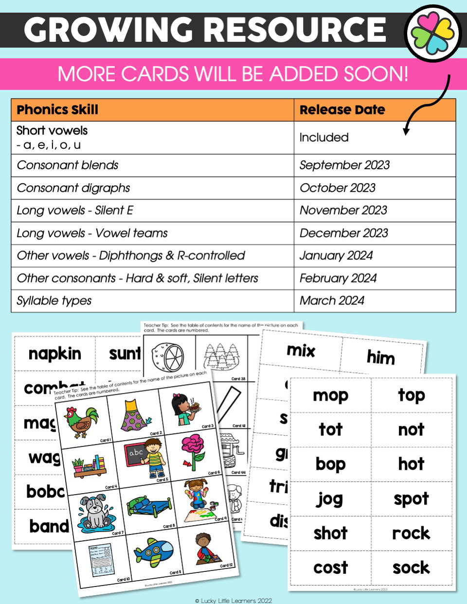 Educational Word and Picture Cards for early literacy development, featuring phonics skills, consonant blends, digraphs, long vowels, syllable types, and silent letters, perfect for classroom use.
