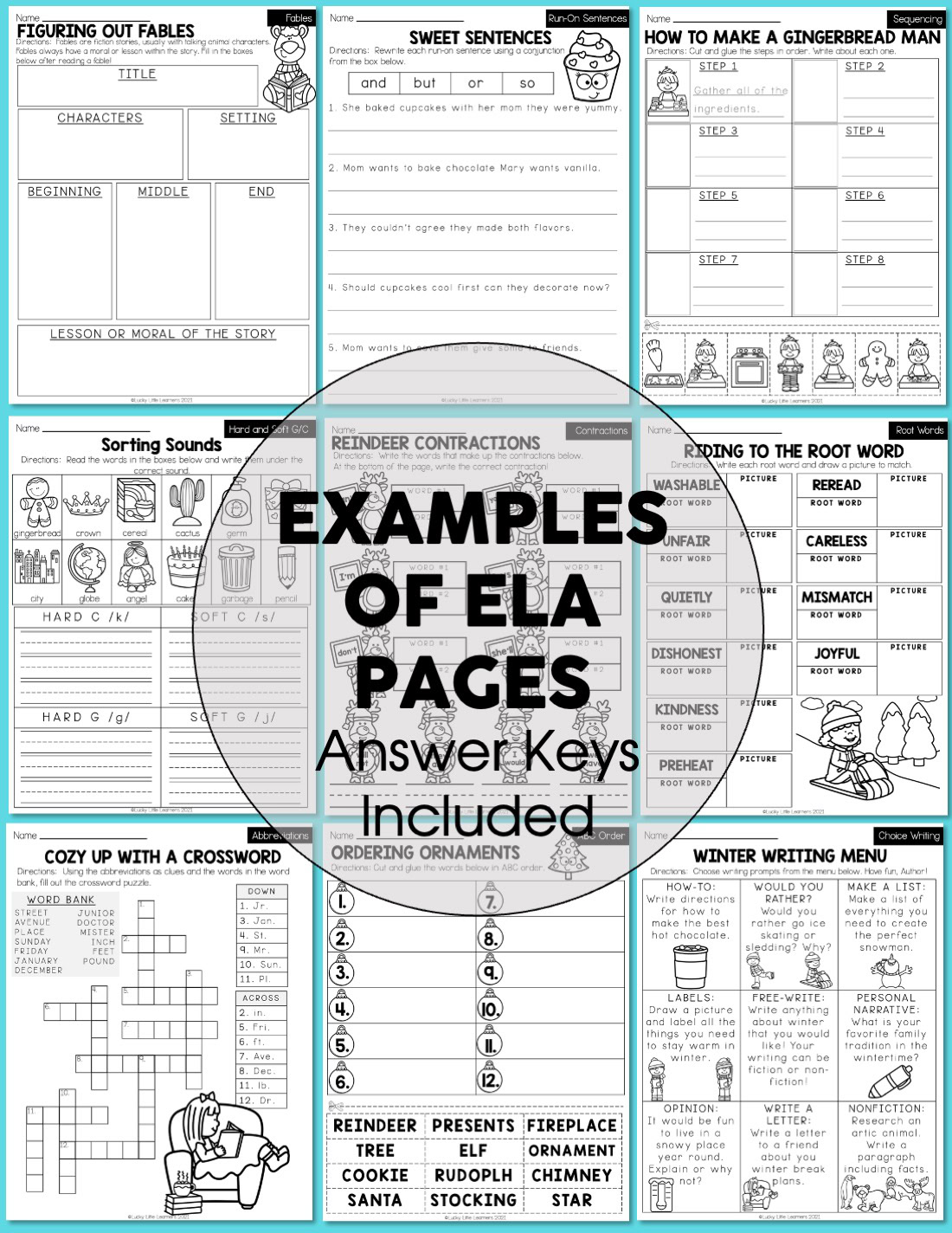 A detailed description of the image content, focusing on educational worksheets for 2nd grade winter activities, including early finishers, sentence building, and phonics practice, with keywords like.