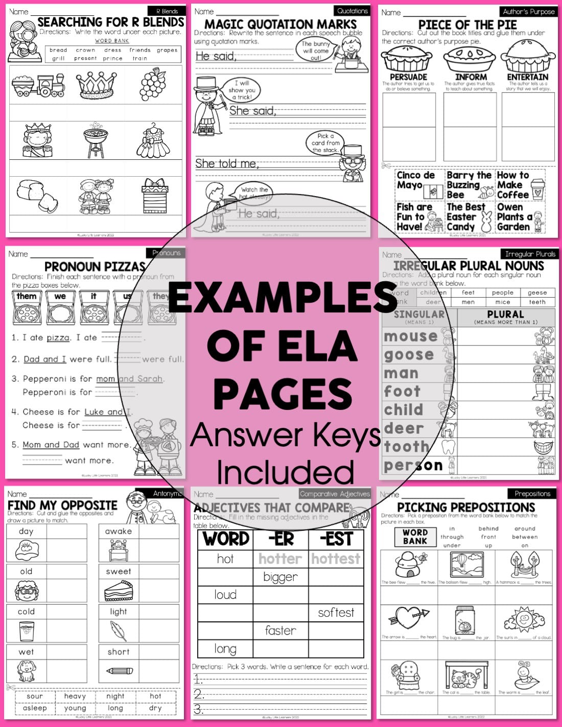 Examples of ELA pages for 1st grade spring early finisher packet, including sentence writing, pronoun puzzles, and preposition activities, designed to enhance literacy skills.