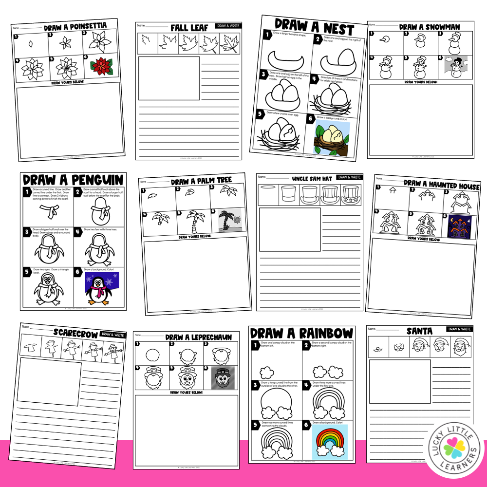 Draw a variety of holiday and seasonal themed directed drawings including poinsettia, fall leaf, nest, snowman, penguin, palm tree, Uncle Sam hat, haunted house, scarecrow, leprechaun, rainbow, and S.