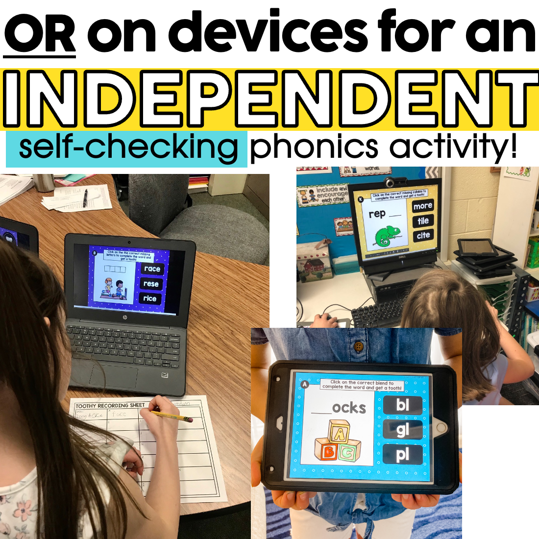 Digital phonics task cards for 1st and 2nd grade, featuring interactive devices for independent, self-checking phonics activities to enhance early literacy skills.