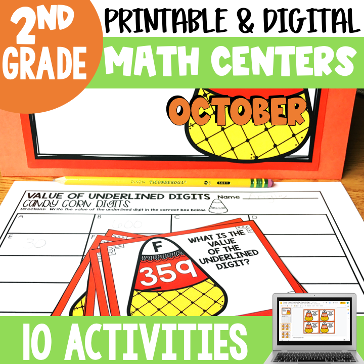 An engaging image of second grade math centers and activities for October, featuring printable and digital resources, including underlined digit exercises and colorful math games.