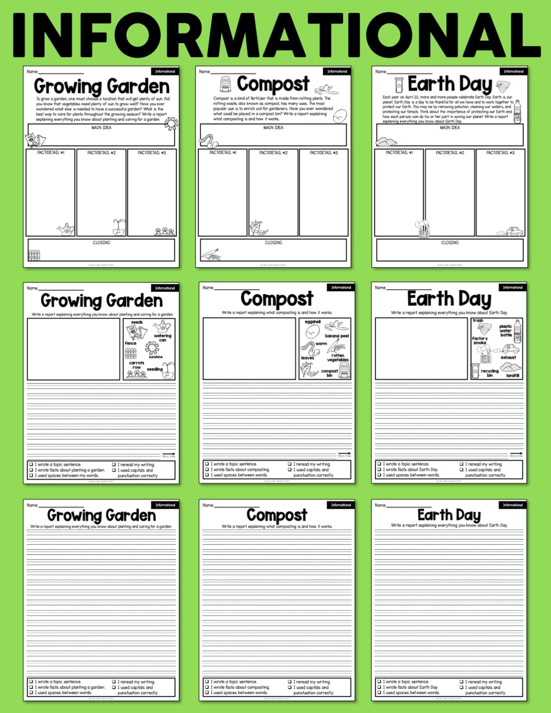 Growing Garden, Compost, and Earth Day writing pages for 1st and 2nd grade students, perfect for April literacy activities, focusing on informational writing, gardening, composting, and environmental.