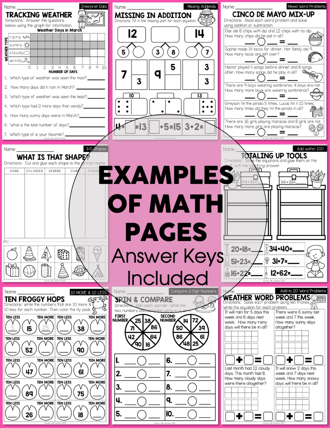 Engaging 1st Grade Spring Early Finisher Packet with math answer keys, weather word problems, and shape activities designed for young learners to enhance early math skills and critical thinking.