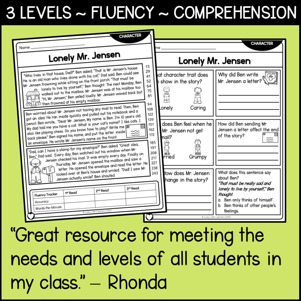 Reading comprehension passage about Lonely Mr. Jensen for 2nd grade students, focusing on character traits, fluency, and understanding story details.