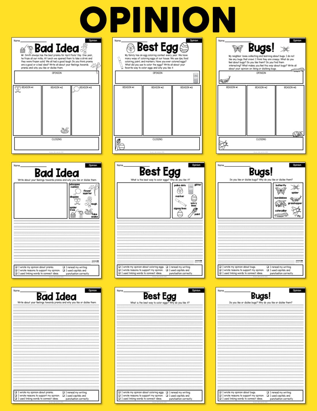 Bad Idea, Best Egg, and Bugs! opinion writing pages for 1st and 2nd grade students, featuring engaging activities to develop opinion writing skills for early elementary learners.