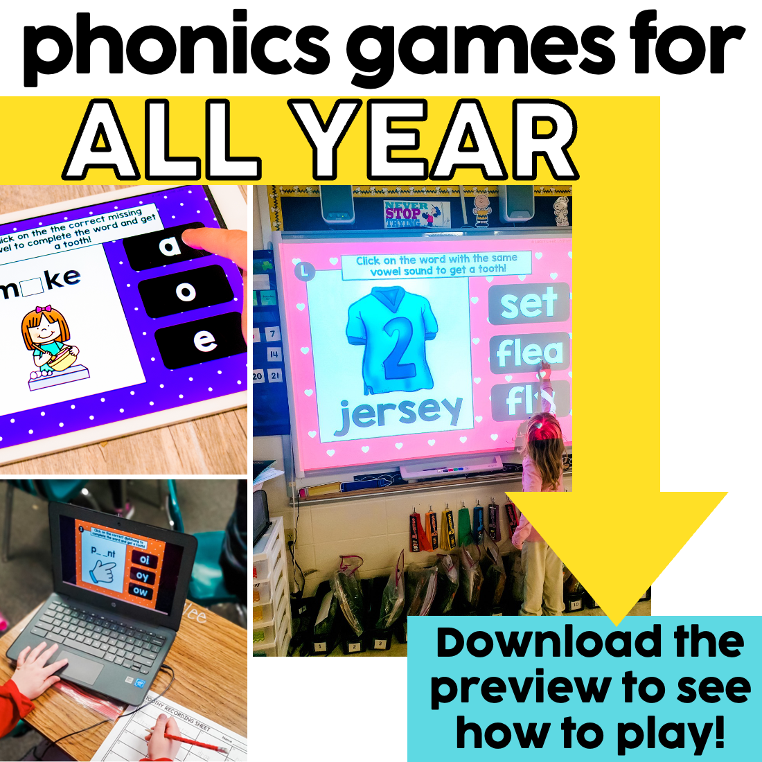 Learn engaging phonics games for all year, featuring digital task cards for 1st and 2nd grade, perfect for teaching vowel sounds, word recognition, and phonics skills in a fun, interactive way.