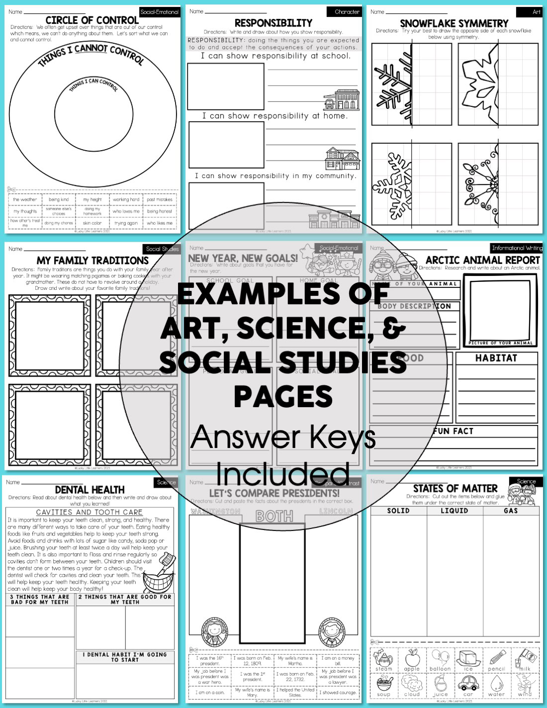 A detailed educational worksheet set for 2nd grade winter early finishers, featuring activities on art, science, social studies, and responsibility, with answer keys included for student review.