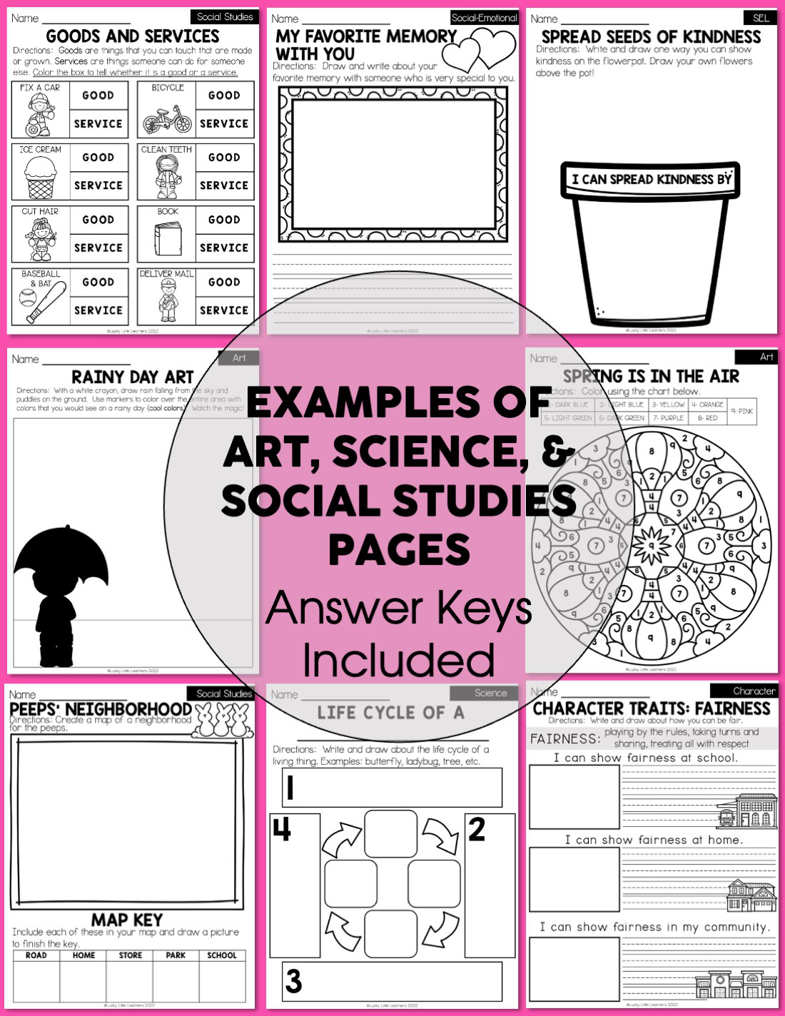 First grade spring early finisher packet with art, science, and social studies activities including memory, kindness, rain, and character traits for engaging classroom learning.