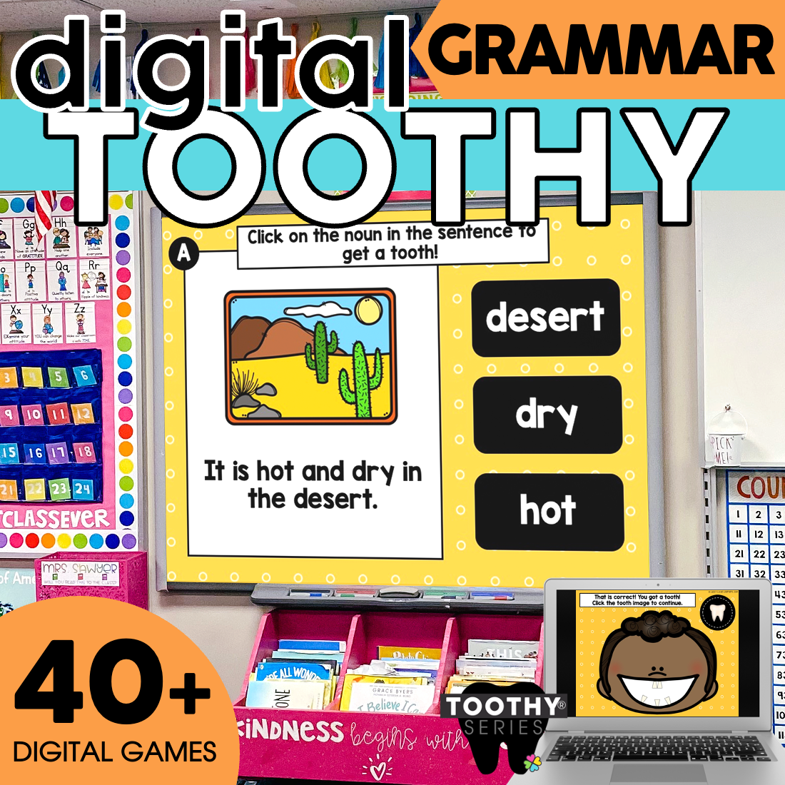 A colorful classroom display featuring digital Toothy Grammar Task Cards for 2nd and 3rd grade, focusing on nouns and sentence structure, with engaging visuals and interactive activities.
