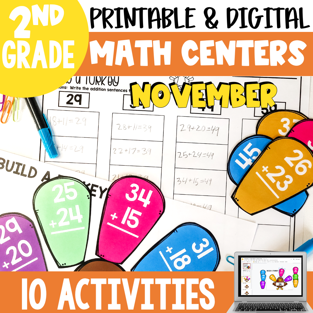 A colorful image of second grade October math centers and activities, featuring printable and digital resources, with various math-themed graphics and a laptop displaying the activities.