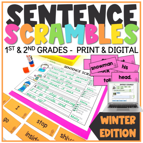 Enhance sentence building skills with winter-themed sentence scrambles for 1st and 2nd grade, featuring printable and digital activities to improve sentence writing and literacy.