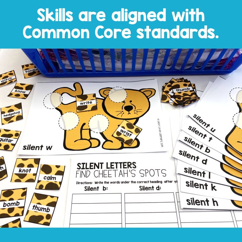 An SEO-friendly ALT tag: "2nd Grade Phonics Centers with silent letter activities featuring cheetah spots, aligned with Common Core standards for early literacy skills.".