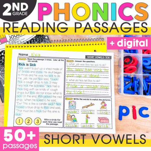 A colorful educational image showcasing decodable phonics reading passages and mats for 2nd grade, focusing on short vowels, with vibrant visuals and engaging activities for young learners.