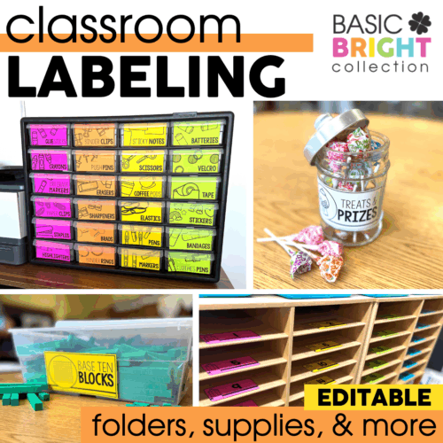 A colorful classroom organization system with labeled storage drawers, jars of treats and prizes, and adjustable folders and supplies for teachers and students.