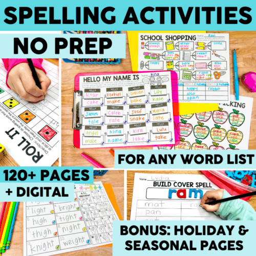 A colorful collection of spelling activities for any word list, featuring printable pages, digital resources, and bonus holiday and seasonal pages for engaging early learners.