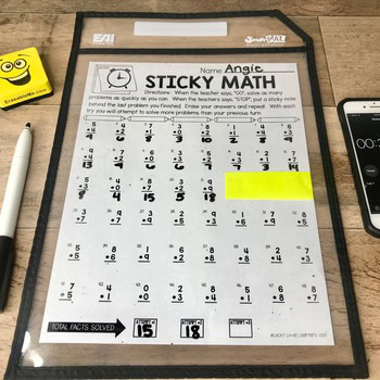A colorful educational math activity sheet titled "Sticky Math Bundle" with various addition and subtraction problems, designed for young learners to practice math skills.