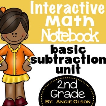Interactive math notebook for 2nd grade focusing on basic subtraction, featuring a cheerful girl character, designed to help students learn subtraction concepts effectively.