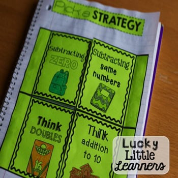 Subtracting game numbers and strategies on a second grade math notebook page, featuring bright green and yellow colors, designed for early elementary math learning, from Lucky Little Learners.