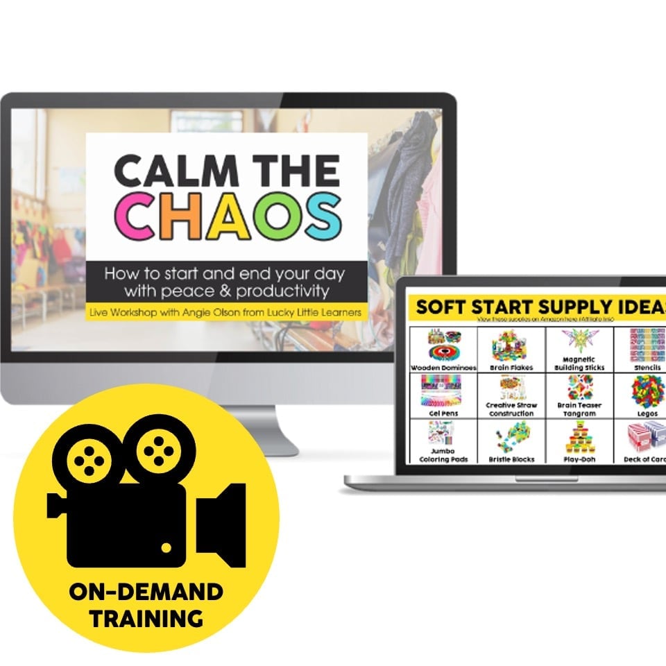 Educational image promoting calmness and productivity for children, featuring a computer screen with 'Calm the Chaos' workshop and a yellow icon for on-demand training from Lucky Little Learners.