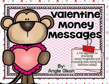 A cute cartoon bear holding a pink heart with the text "Valentine Money Messages" and a small note about teaching money recognition and counting skills during Valentine's holiday.