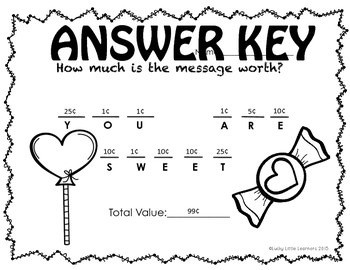 A colorful Valentine Money Messages answer key worksheet for kids, featuring fun heart illustrations and money message value calculations, perfect for classroom activities and learning.