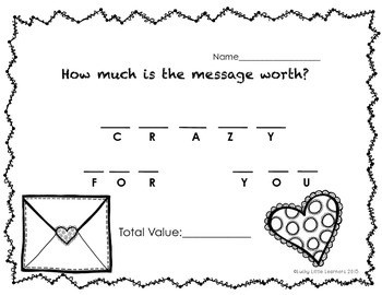 A colorful Valentine's Day worksheet featuring a heart-shaped envelope and message valuation activity, designed for young learners to practice money messages and addition skills.