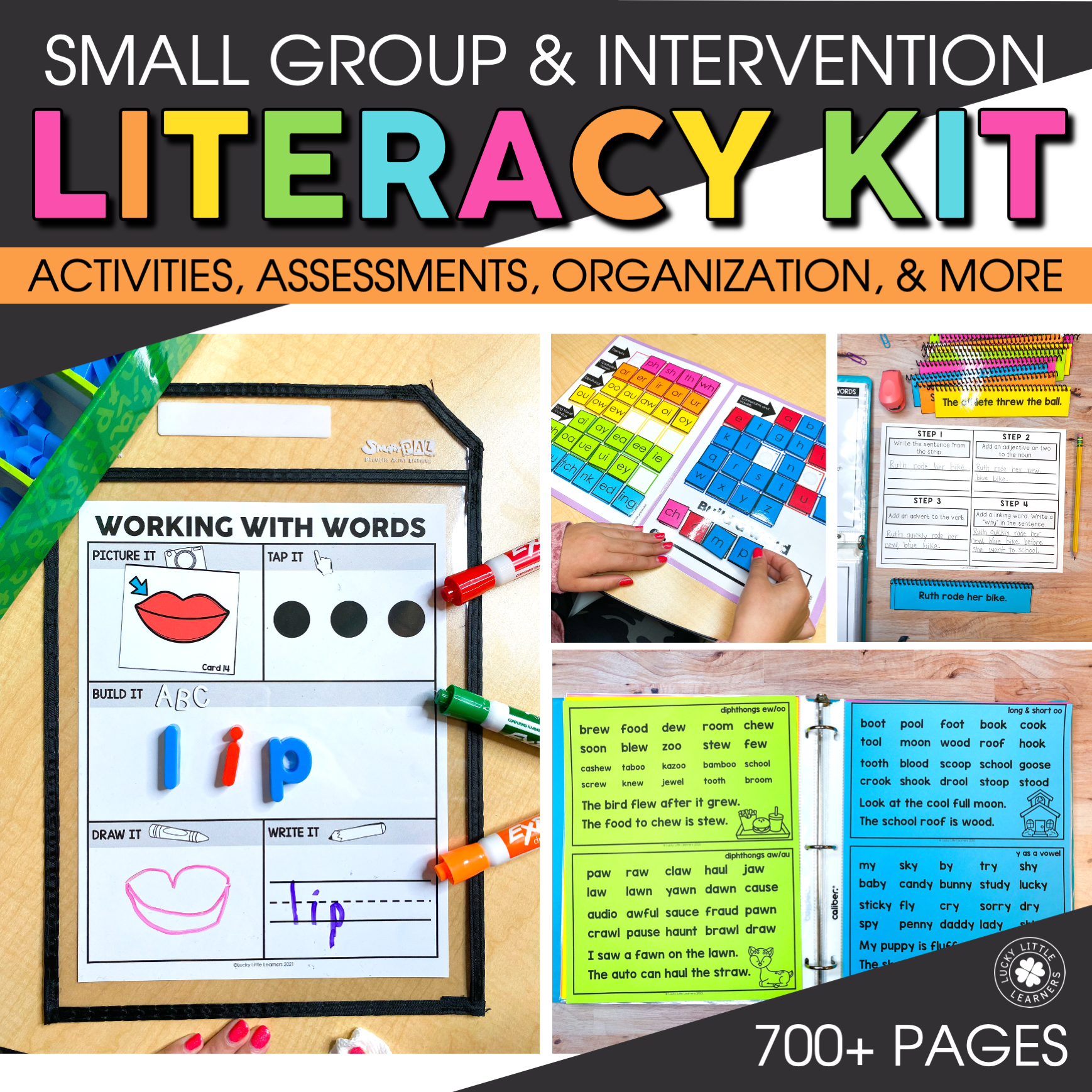 A colorful literacy intervention and small group kit with activities, assessments, and organization tools for early learners, featuring engaging worksheets and educational resources.