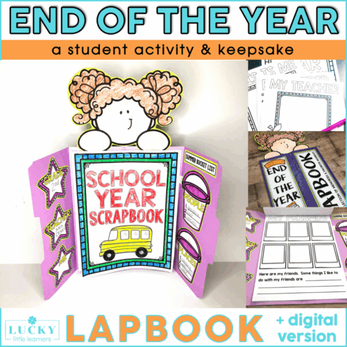 A detailed end-of-year student activity lapbook and memory book craft for classroom keepsake projects, featuring school-themed scrapbook elements and interactive pages for students.