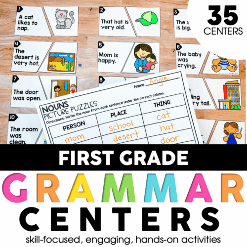A set of first grade literacy centers with colorful cards and activity worksheets designed to improve grammar, vocabulary, and sentence structure skills for young learners.