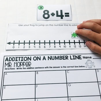 Use your frog to jump on the number line to solve 8+4, part of September Math Centers & Activities for 1st Grade, featuring digital and printable resources for engaging early math learning.