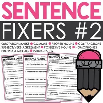 Enhance sentence correction skills with Sentence Fixers #2, featuring quotation marks, commas, proper nouns, contractions, and more. Perfect for literacy and language learning.
