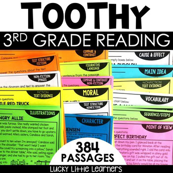 A colorful educational poster featuring 38+ reading comprehension passages designed for 3rd grade students, focusing on text structure, vocabulary, main idea, and critical thinking skills.