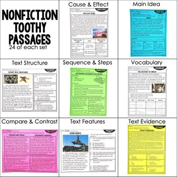 A colorful educational worksheet titled "Nonfiction Toothy Passages" designed for 3rd grade reading comprehension, featuring cause & effect, main idea, vocabulary, and more.