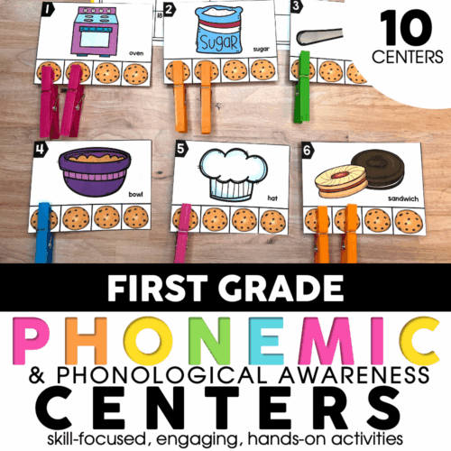 Engaging 1st grade literacy centers for phonemic and phonological awareness, featuring hands-on activities with colorful visuals and cookie-themed learning tools.