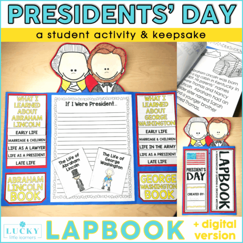 President's Day lapbook activity for students featuring historical figures Abraham Lincoln and George Washington, includes informational pages, a book cover, and keepsake elements.