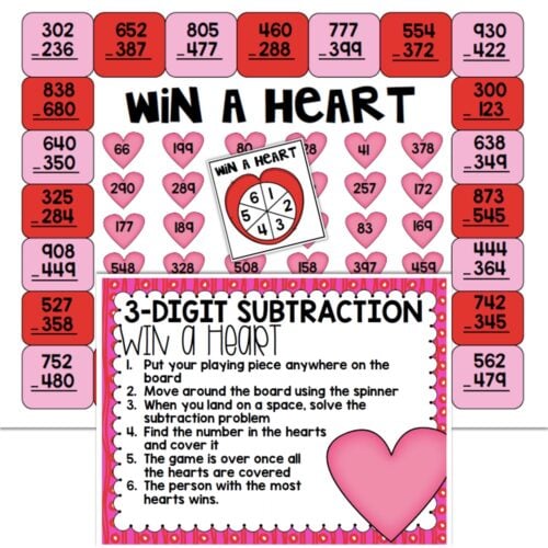 Colorful printable math game for young learners - win a heart, 3-digit subtraction, engaging classroom activity, printable game, fun math practice, educational game for kids.